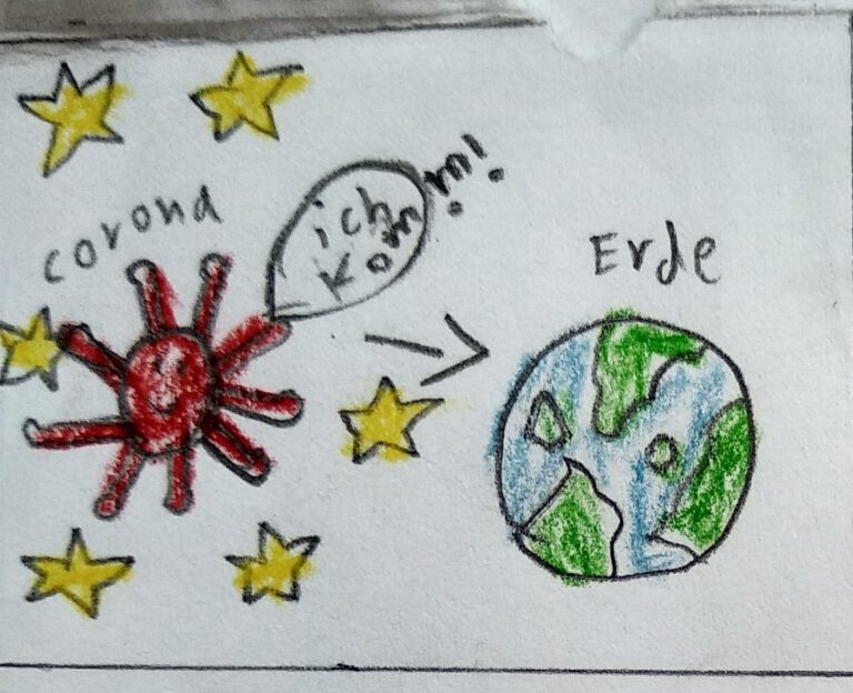 Zeichnung eines Kindes. Das Corona-Virus kommt aus dem Weltall auf den Planeten Erde