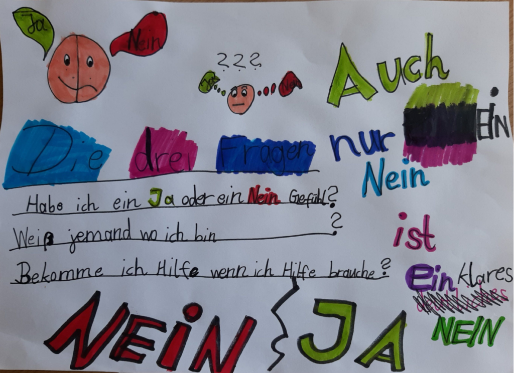 Zeichn ung eines Kindes mit dem Text "Auch nur ein Nein ist ein klares Nein"